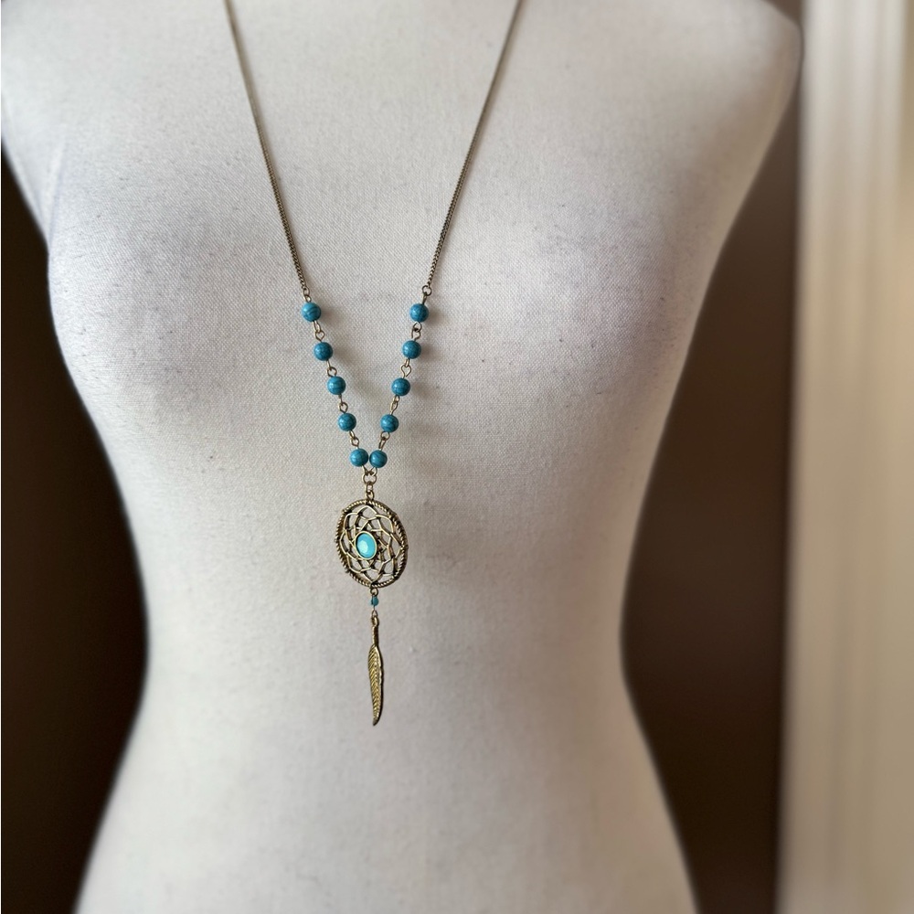 Antique Gold and Blue Turquoise Dreamcatcher Necklace Boho Style 🩵🪶